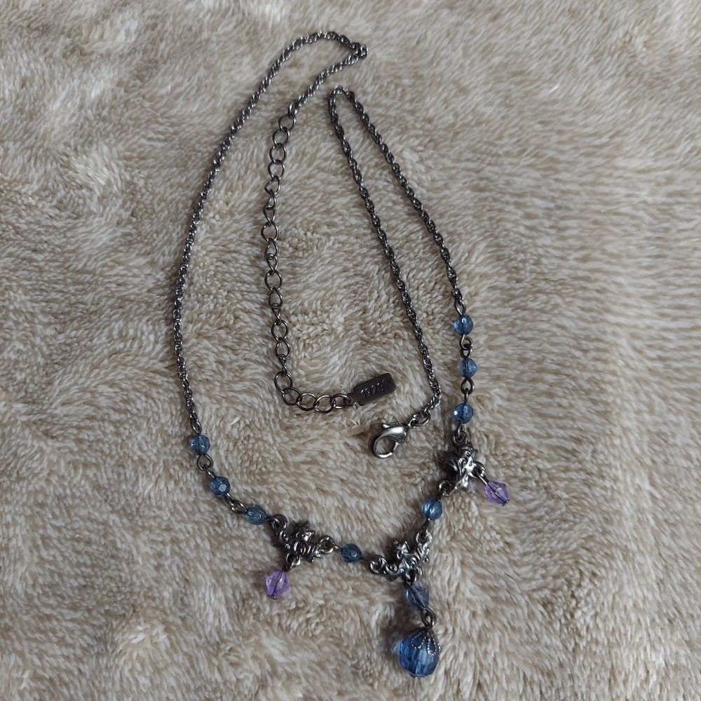 '1928' Textured Gun Metal Black/Faceted Blue & Purple Crystal Floret Necklace - Picture 5 of 8